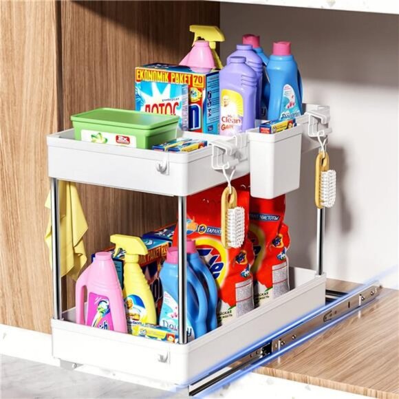 2-Tier Under Sliding Cabinet Basket Organizer with Hooks, (White) - Picture 1 of 7